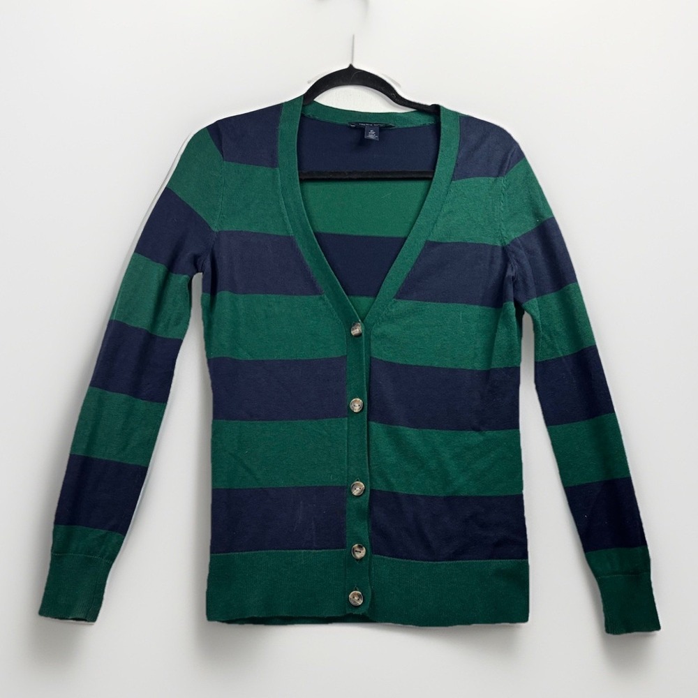 Tommy Hilfiger Cardigan Women XS Green Navy Striped Excellent V-Neck Sweater